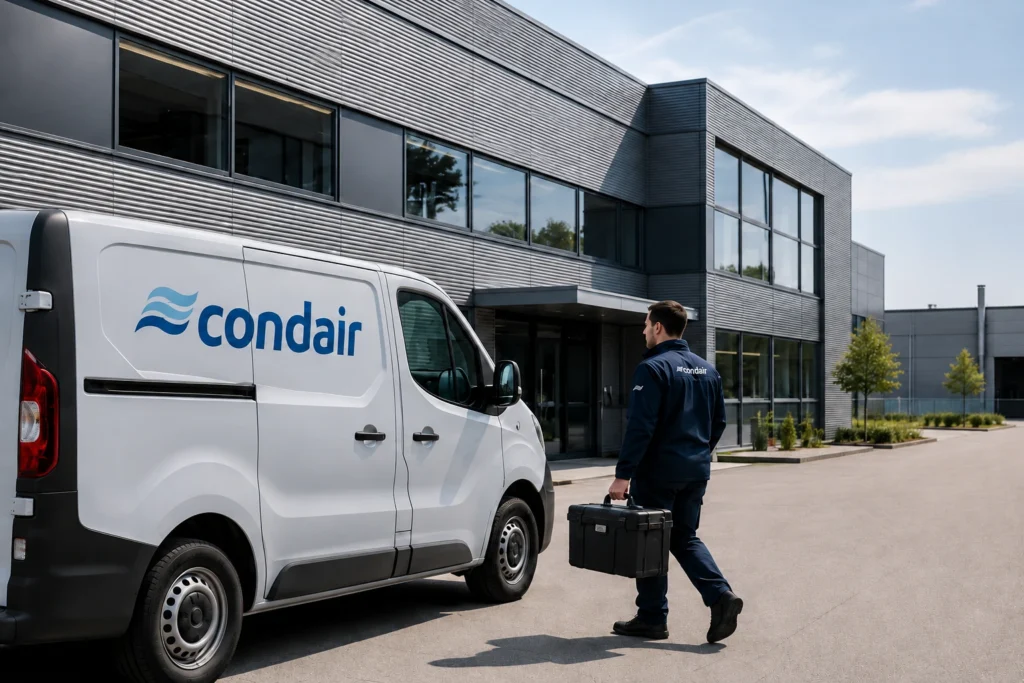 Condair field service technician arriving at a customer site with a service vehicle and toolbox
