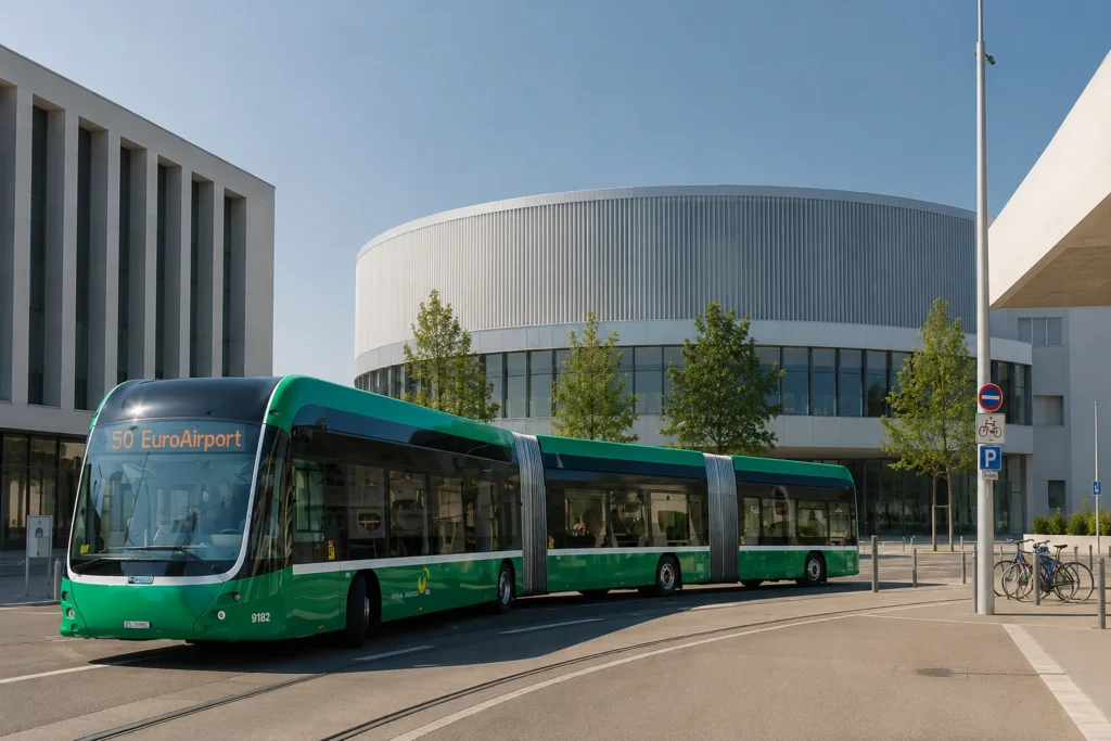 Elektrischer Stadtbus für den öffentlichen Nahverkehr am EuroAirport vor einem modernen Terminalgebäude