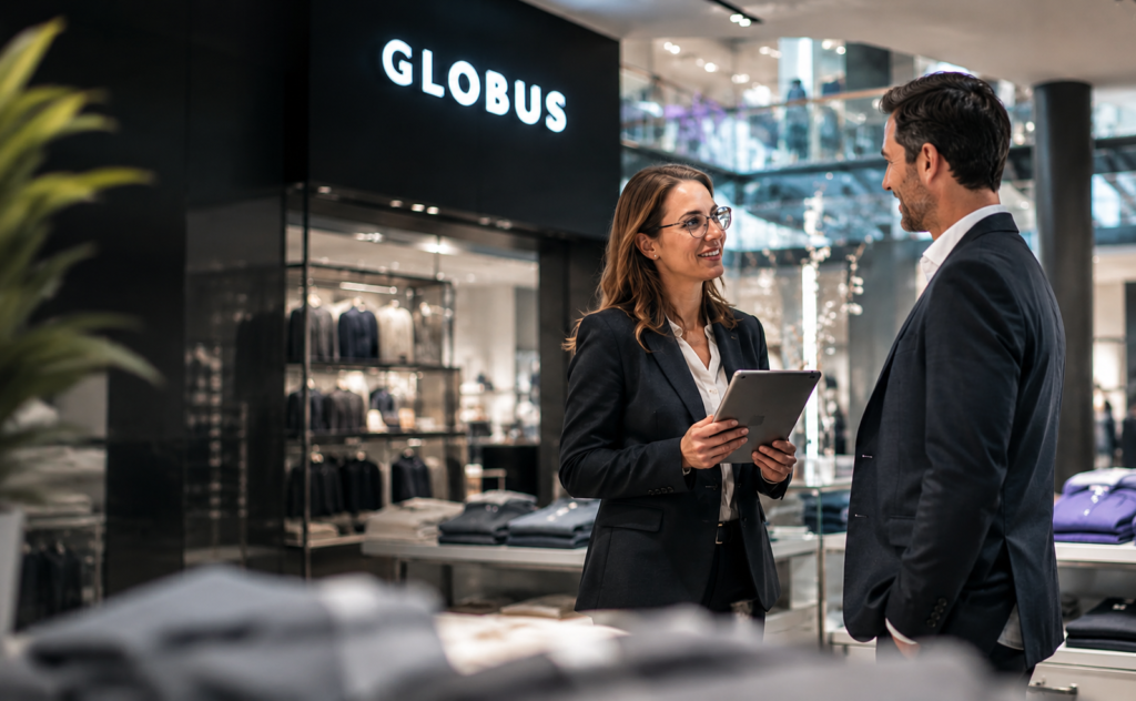 Business consultants discussing retail service strategy inside a Globus store