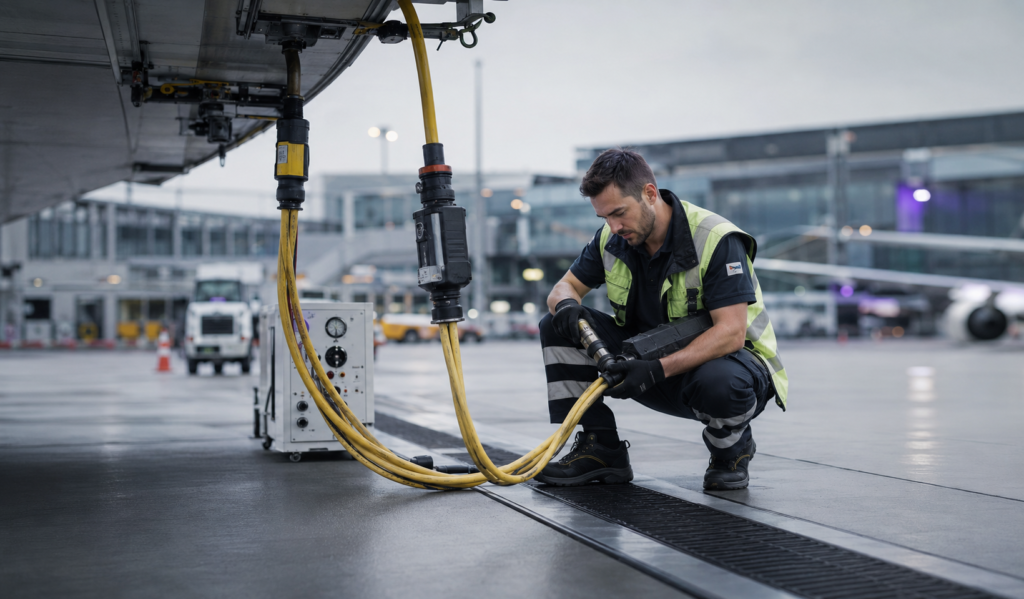 Vienna Airport ground service technician connecting equipment to an aircraft on the tarmac