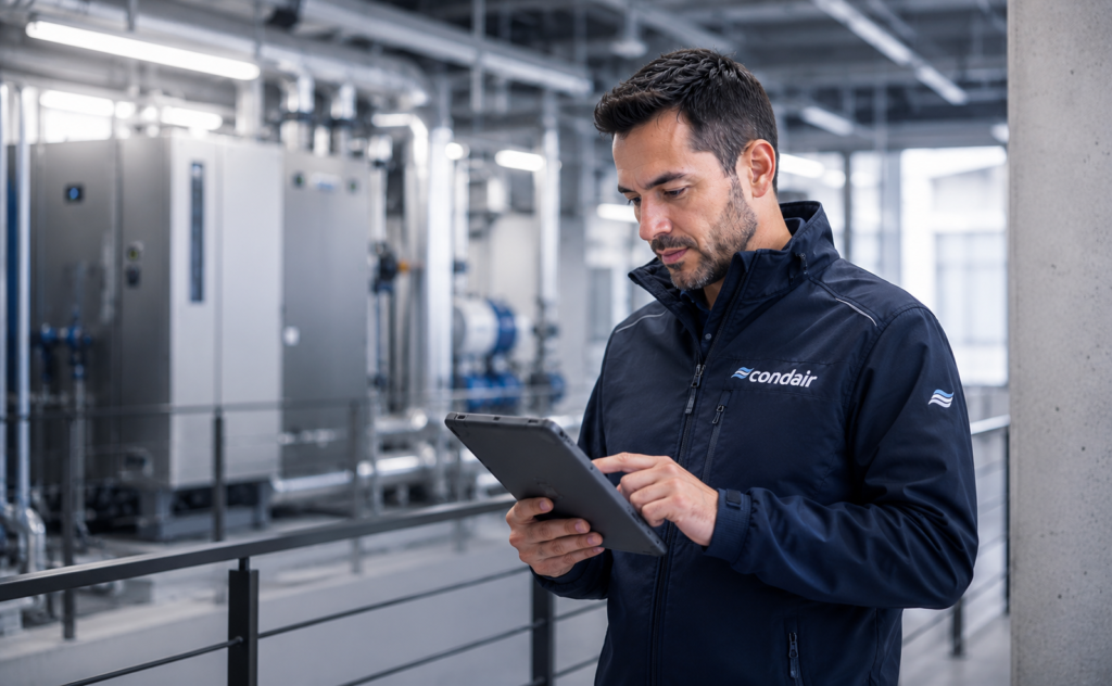 Condair technician using a tablet to manage service operations inside a technical facility