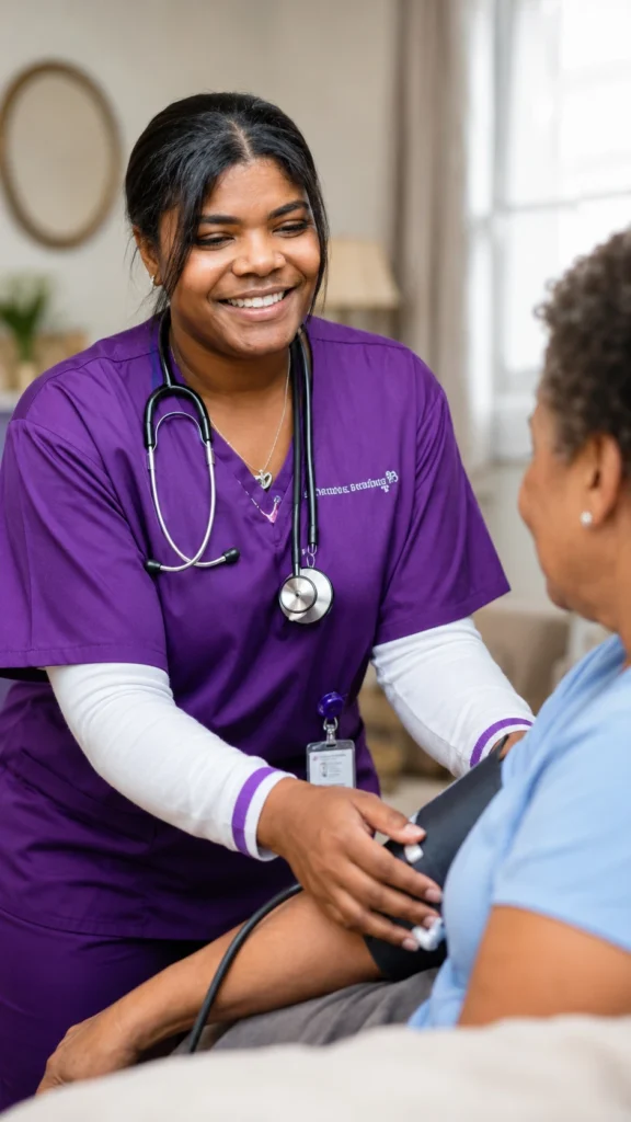 Nurse taking a patient’s blood pressure during a healthcare consultation