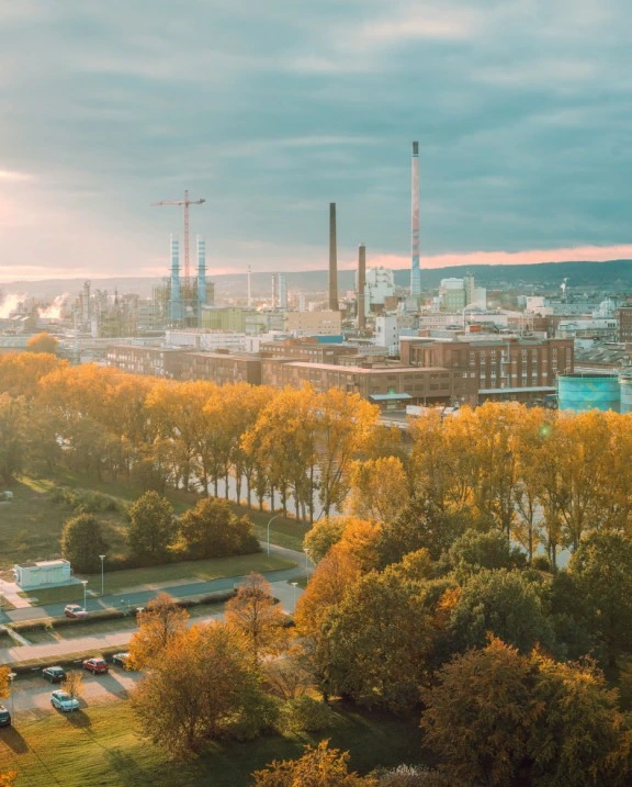 Industrial plant and manufacturing skyline with autumn trees at sunset