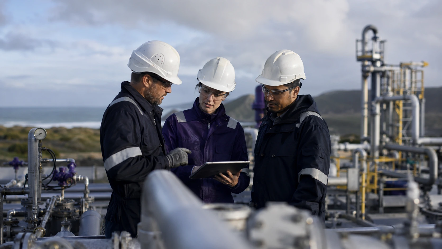 Industrial maintenance team reviewing asset data on a tablet at an energy facility